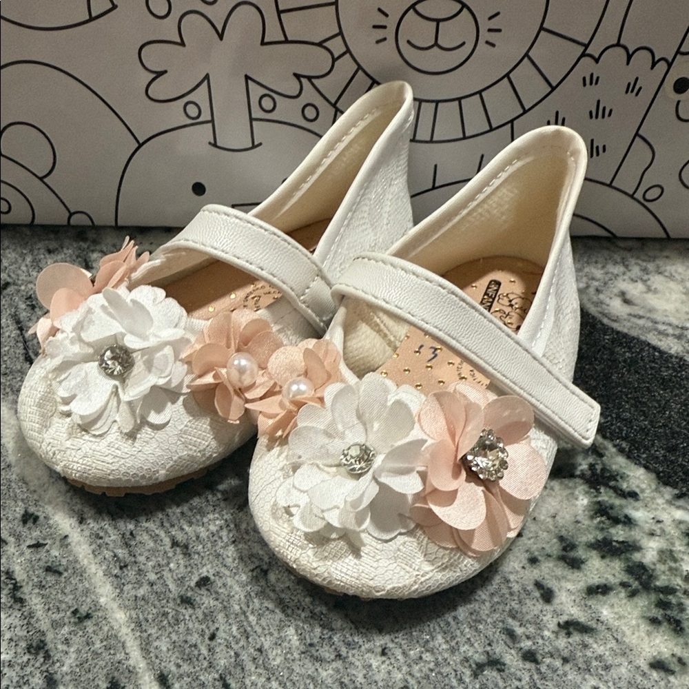 Elegant White and Pink Floral Kids Dress Shoes